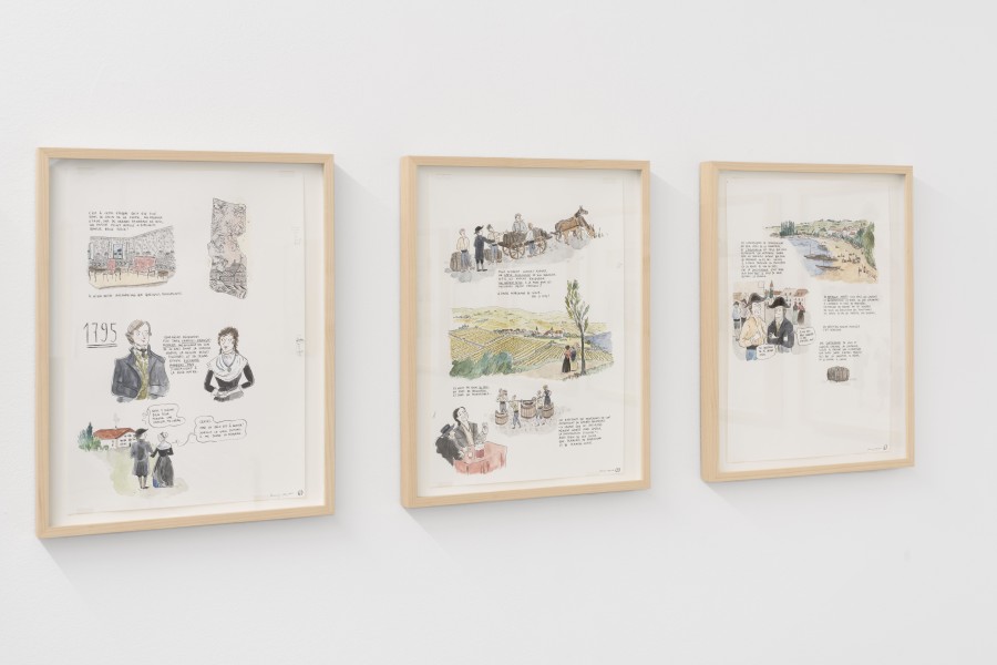 Fanny Vaucher, Dessins originaux n° 1 à 13 de la bande dessinée retraçant l’histoire des chambres tapissées de papier peint de La Bise noire, 2021, Watercolour on paper, 42 × 29.6cm, Courtesy of Fanny Vaucher and the Swiss National Museum. Photo credits: marytwo