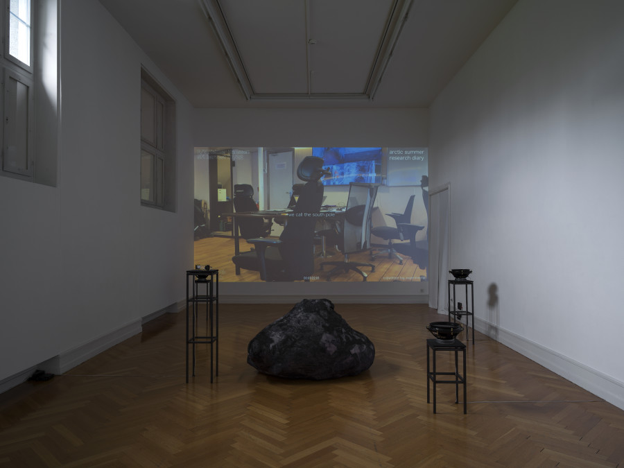 Exhibition view, ntu, Nolan Oswald Dennis, Tabita Rezaire, Bogosi Sekhukhuni, Kunsthalle Bern, 2023. Photo: Cedric Mussan