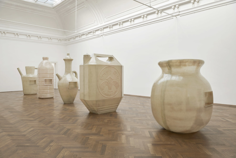 Installation view, Alia Farid, In Lieu of What Is, view f. l. t. r. on Jug/Pitcher, Water Bottle, Juglet, Jerrican, Lota, all 2022, Kunsthalle Basel, 2022. Photo: Philipp Hänger / Kunsthalle Basel
