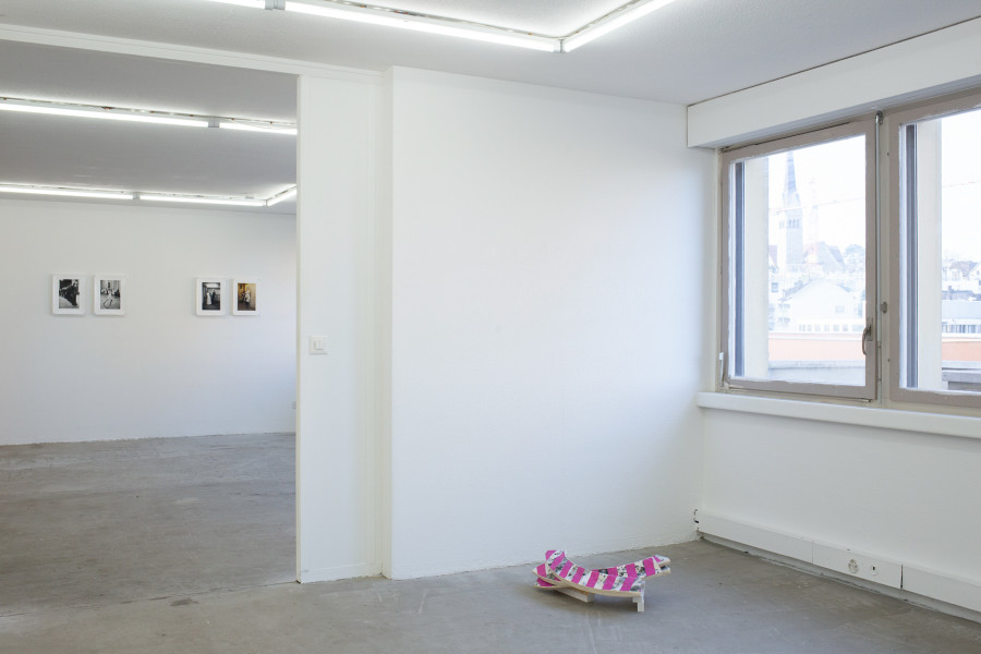 Exhibition view, Pirouettenschwindel, HAMLET. From left to right: Iren Stehli, Tanzstunden Prag, 1974-1977, 41x30cm ; Iren Stehli, Tanzstunden und Bälle Prag, 2012-2014, 41x30cm ; Karolin Braegger, Commercial suicide, 2024, Print and acrylic on cotton, stiffened, 70x35x25cm. Photo credit: Leevi Toija