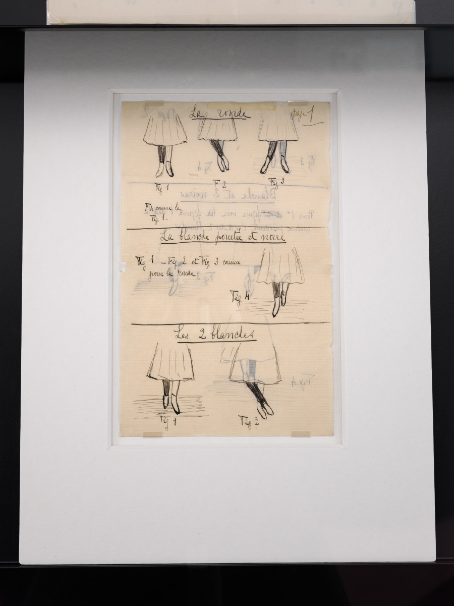 Exhibition view “Suzanne Perrottet. After Dada, After Dance,” Cabaret Voltaire 2025; detailed view of the pre- sentation with originals from Kunsthaus Zürich (Suzanne Perrottet, notes and records on Jaques-Dalcroze’s rhyth- mic gymnastics, 1906–1907). Photo: Cedric Mussano. Courtesy: Suzanne Perrottet, Walter Schwabe / Fotostiftung Schweiz, Luise Schwabe / ProLitteris, Niklaus Stauss, Johann Adam Meisenbach, Tarren Johnson & Joel Cocks, Elaine Mitchener, New Kyd, Thibault Lac.