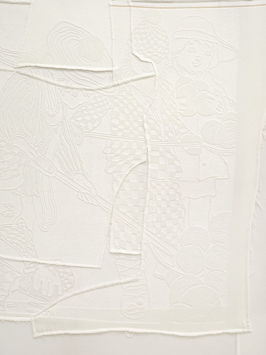 Cédric Eisenring, Fäustling (weiss), Detail, Woodcut embossing on textile, wooden stretcher, wooden frame, 150 × 100 cm, 2024 / Photo: Cedric Mussano / Courtesy: The artist and Kirchgasse Gallery, Steckborn