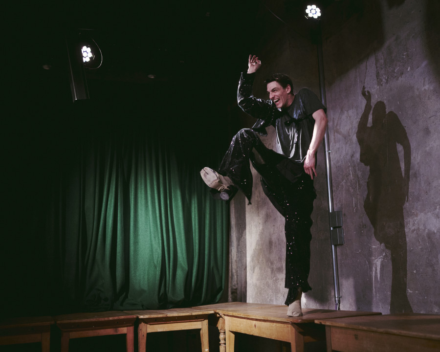 Thibault Lac, “Blue Moon,” performance as part of the exhibition “Suzanne Perrottet. After Dada, After Dance,” Cabaret Voltaire, March 26, 2026. Photo: Romain Mader. Courtesy: Suzanne Perrottet, Walter Schwabe / Fotostiftung Schweiz, Luise Schwabe / ProLitteris, Niklaus Stauss, Johann Adam Meisenbach, Tarren Johnson & Joel Cocks, Elaine Mitchener, New Kyd, Thibault Lac.