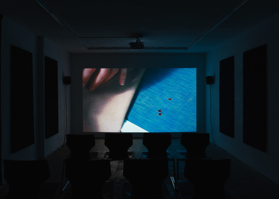 Exhibition view, Jordan Strafer, LOOPHOLE and DECADENCE, Halmet, Zürich, 2025. Jordan Strafer, DECADENCE, 2024, 16:9, 20’ 25’’. Photo by Tereza Glazova