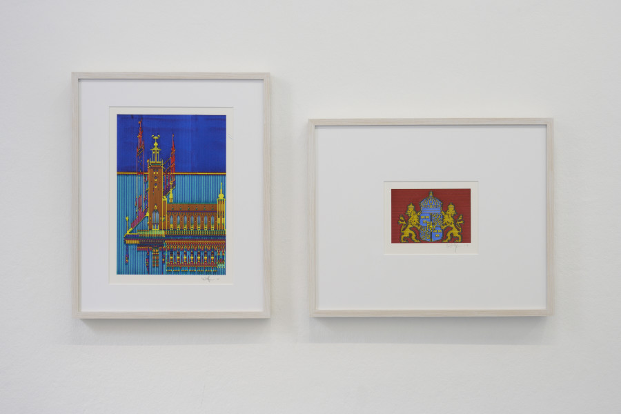 Installation view, Charlotte Johannesson, Stockholm City Hall, 1985 ; Sweden's coat of arms, 1986, Kunsthalle Friart Fribourg, 2023. Photo : Guillaume Python. Courtesy of the artist and Kunsthalle Friart Fribourg