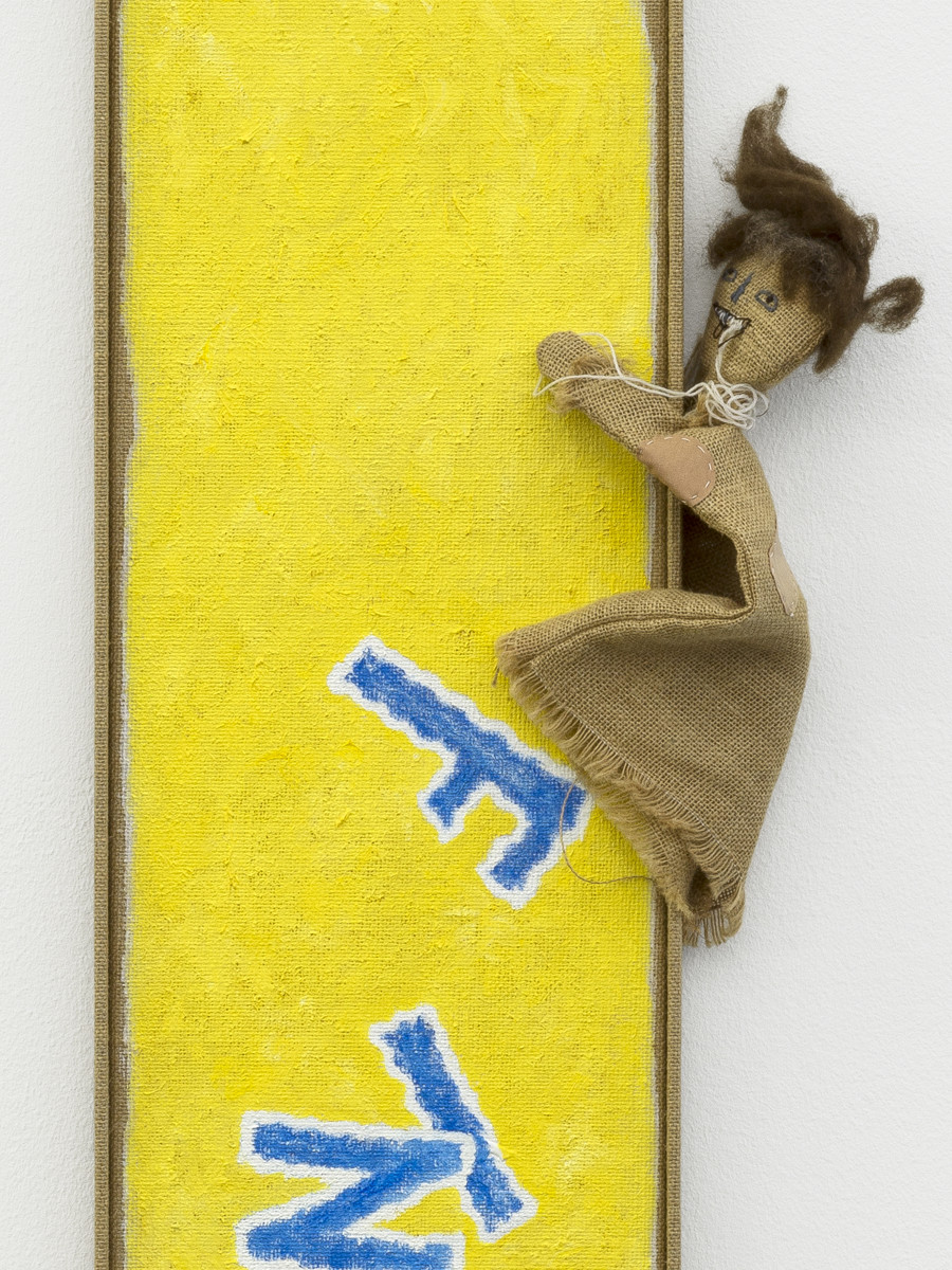 Min Yoon, Break + ing Time (front (proposal)) (detail), 2024, Watermixable oil on burlap, thread, polyester, wool felt, wire, hotpatch, magnets, brush, artist’s frame, 202 x 36.5 x 14 cm. Photo: Cedric Mussano