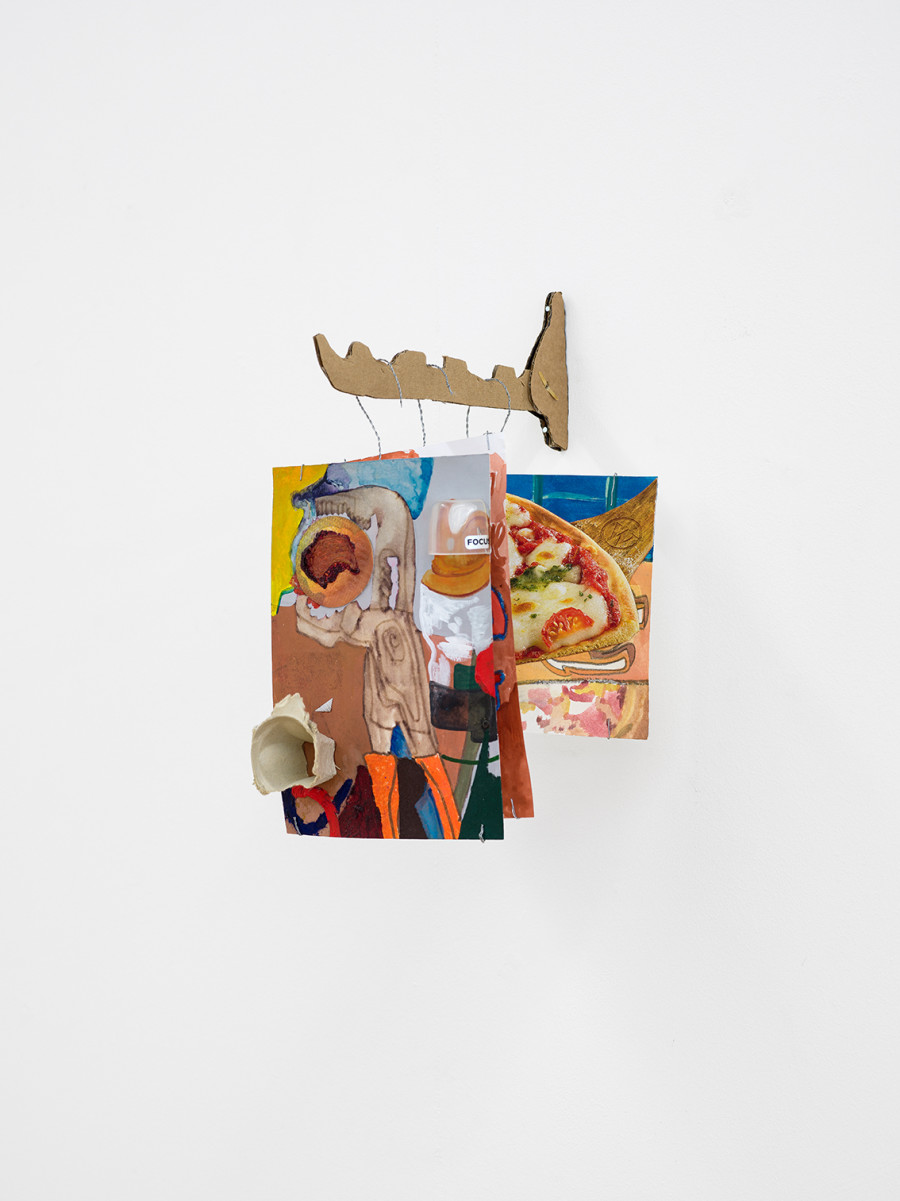 Thomas Hesse, Ente, 2014; Pizzastück, 2016; Zange, 2020; Kleiderlüfter, 2023; Paper Collage / Photo: Cedric Mussano / Courtesy: The artist and Kirchgasse Gallery, Steckborn