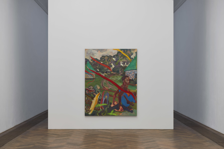 Installation view, Michael Armitage, You, Who Are Still Alive, Kunsthalle Basel, 2022, view on, The Perfect Nine, 2022. Photo: Philipp Hänger / Kunsthalle Basel. All works, unless otherwise mentioned, courtesy of the artist and White Cube. Cave, 2021, Courtesy of the artist and Pinault Collection