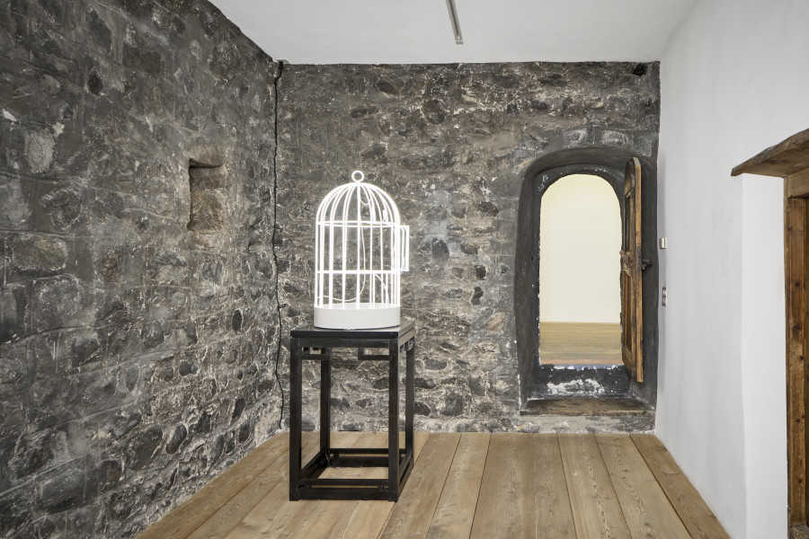 Exhibition view, Su-Mei Tse, Bird Cage (in collaboration with Jean-Lou Majerus), 2007, Neon, Bird cage: 95 x 50 x 50 cm, Pedestal: 95 x 60 x 60 cm, AP 1/2. Photo: Ralph Feiner, Courtesy of the artist and Galerie Tschudi