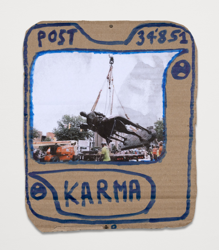 Thomas Hirschhorn, Post (KARMA 4), 2024, Cardboard, print and felt pencil, 30 x 24 cm. Photo credit: Jonathan Dirlewanger