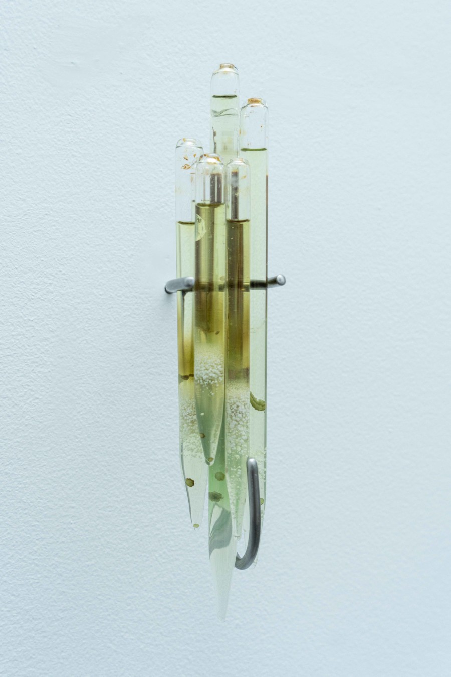 Junctures III, 2022, Silica gel, iron sulfate, iron tartrate crystals, glass, stainless steel, 30 x 5 x 5 cm. Photography courtesy Zoé Aubry and Looming
