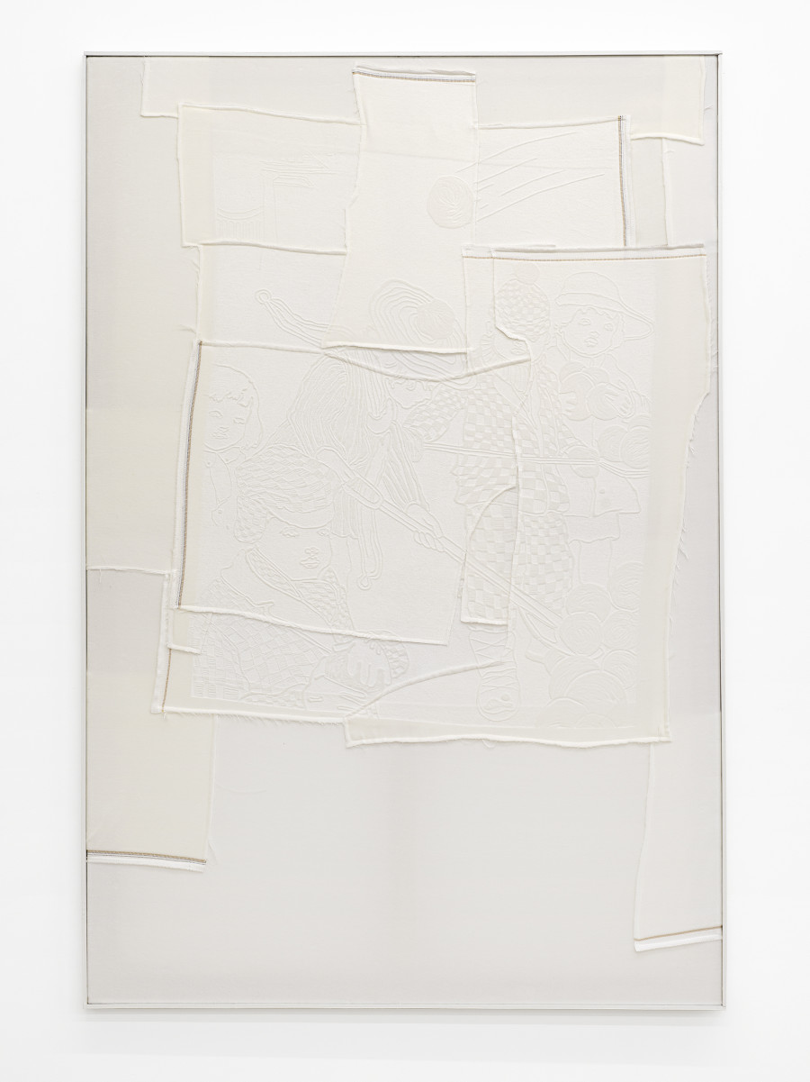 Cédric Eisenring, Fäustling (weiss), Woodcut embossing on textile, wooden stretcher, wooden frame, 150 × 100 cm, 2024 / Photo: Cedric Mussano / Courtesy: The artist and Kirchgasse Gallery, Steckborn