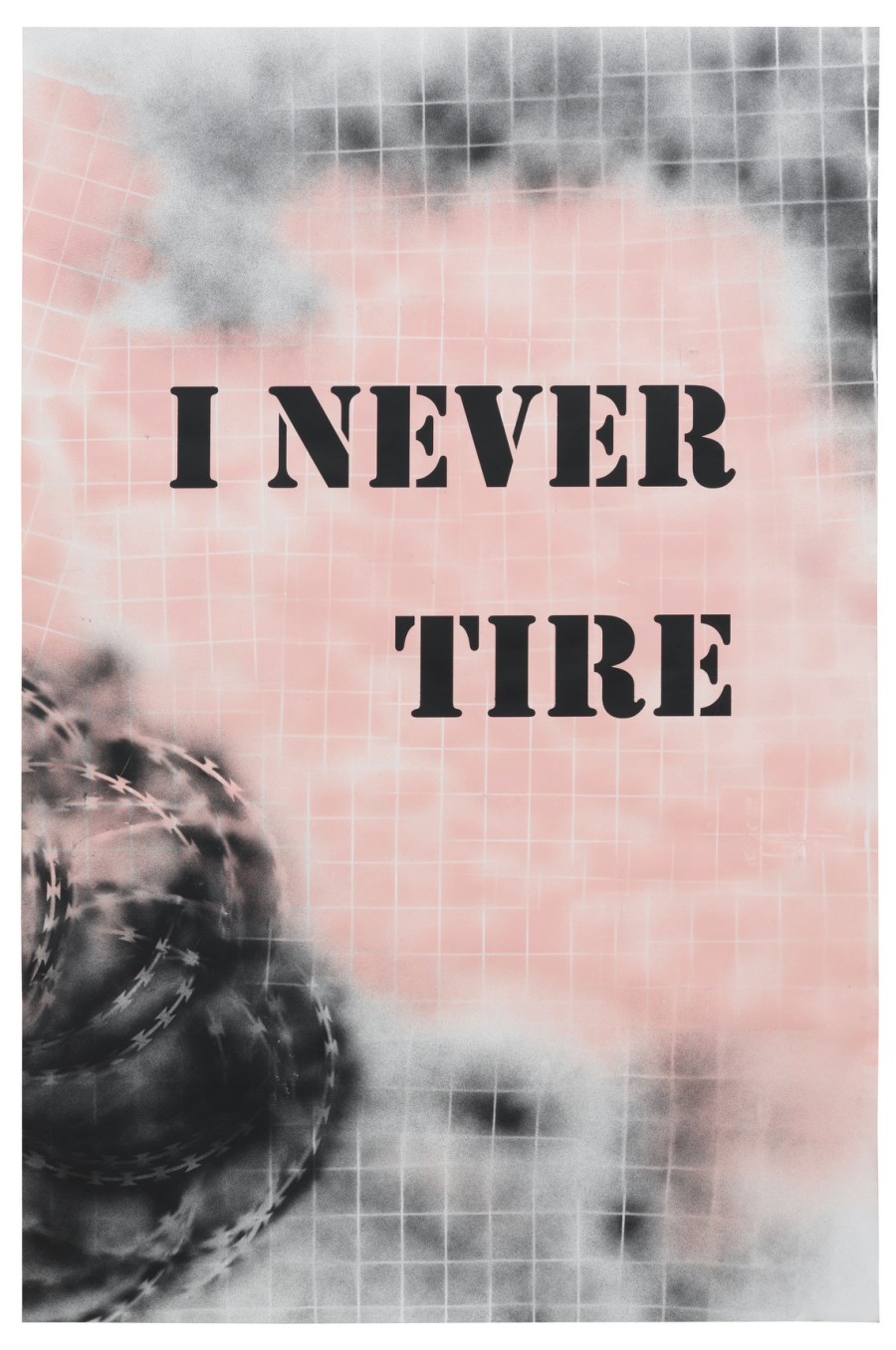 Never Tire / Black, 2021 Tempera and spray paint on Fabriano paper, mounted on aluminum 153 x 103 cm (60 1/4 x 40 1/2 in.)  Courtesy of the artist and Galerie Peter Kilchmann, Zurich Copyright: Jens Ziehe
