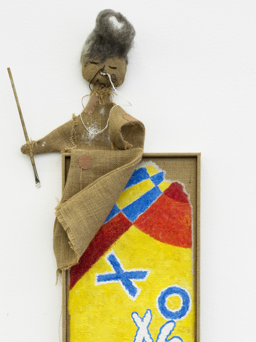 Min Yoon, Break + ing Time (right) (detail), 2024, Watermixable oil on burlap, thread, polyester, wool felt, wire, hotpatch, magnets, brush, artist’s frame, 127 x 36.5 x 8 cm. Photo: Cedric Mussano