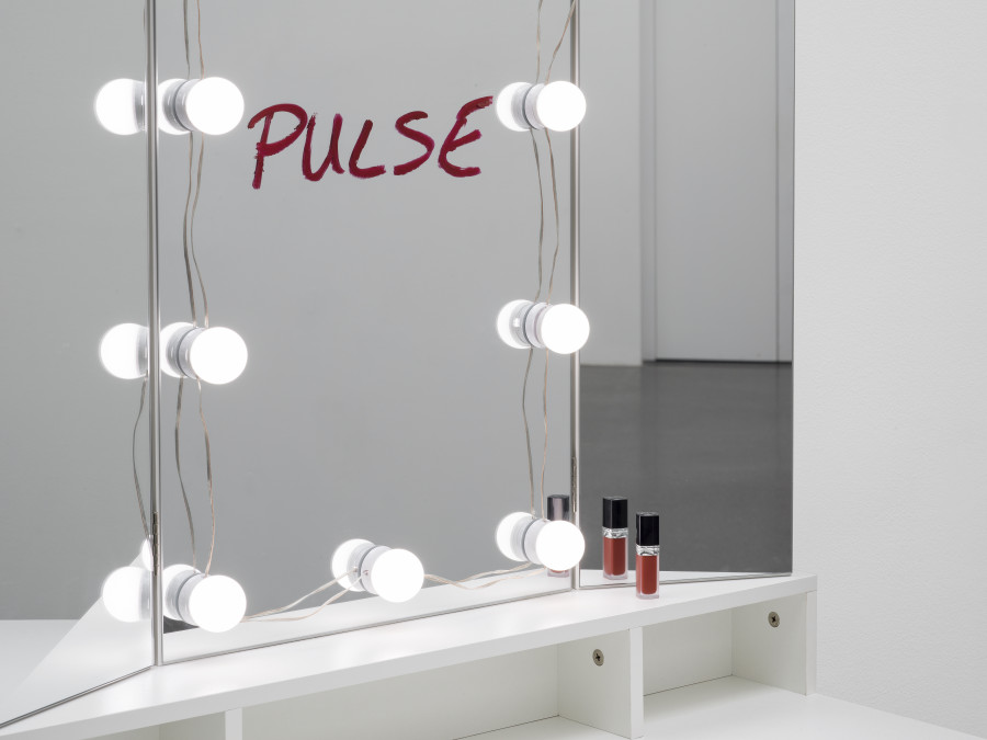 Puppies Puppies (Jade Guanaro Kuriki-Olivo), Backstage Vanity Mirror (Pulse), 2023, Cosmetic table made of melamine-coated MDF, pull-out drawer with three storage compartments, 3-piece folding mirror with LED-lighting, lipstick on mirror, Dior Forever Liquid 820 lipstick, stool, 157 × 90 × 42 cm