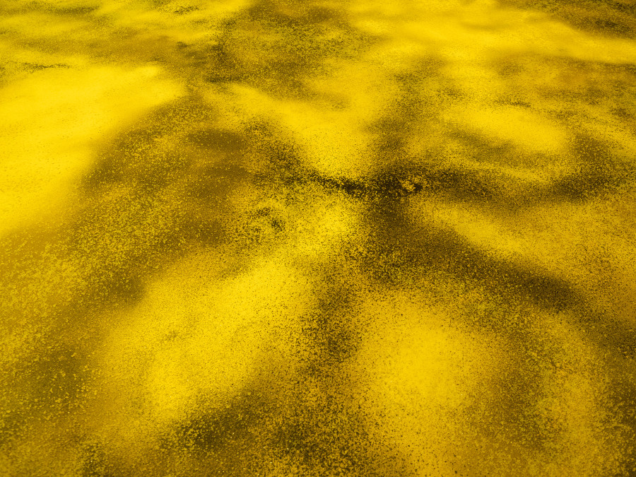 Exhibition View Duo Show Pauline Cordier & Rahel Oberhummer « Ce qui nous échappe » at Espace ContreContre, Saint-Maurice, 2026 / Photo: ©Etienne Malapert / Courtesy: The artists & EspaceContreContre. Devenir trace, Silica gravel, quartz powder and sand on linoleum, Site-specific installation: 650 × 1350 × 0.5 cm, 2026