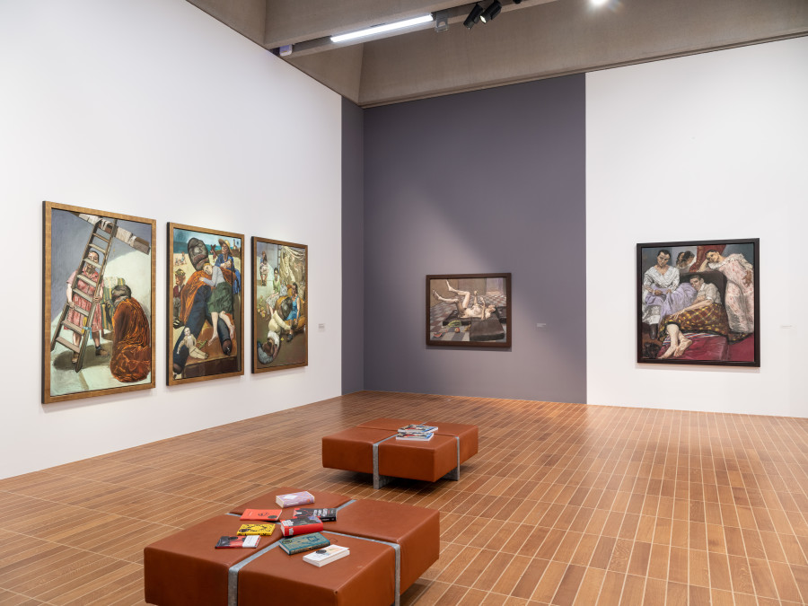 Exhibition view, Paula Rego, Power Games, Kunstmuseum Basel, 2024-2025. The Pillowman (triptych), Paula Rego, 2004, Pastell auf Papier auf Aluminium. © Paula Rego. All rights reserved 2024 / Bridgeman Images. Kunstmuseum Den Haag - acquired with support of the Rembrandt Association (thanks in part to its Van Rijn Fund, its Titus Fund, its Thematic Fund Post-War and Contemporary Art and its Desirée Lambers Fund), the Mondriaan Fund, the VriendenLoterij, the Friends of Kunstmuseum Den Haag and the Mondrian Business Club. Metamorphosing after Kafka, Paula Rego, 2002, Pastell auf Papier auf Aluminium, 110 x 140 cm. © Paula Rego. All rights reserved 2024 / Bridgeman Images. Courtesy Christen Sveaas' Art Foundation. Photo credit: Max Ehrengruber & Jonas Schaffter.