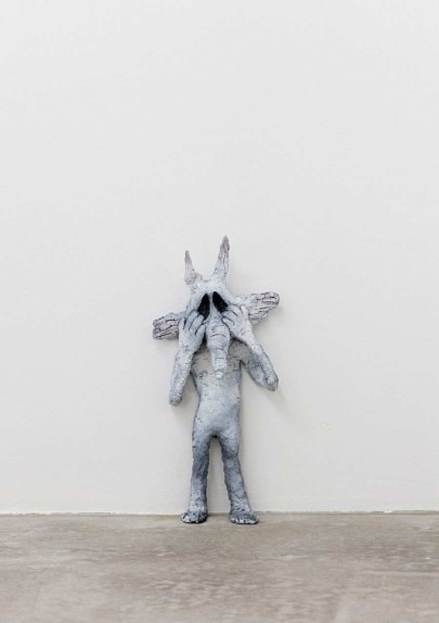 Cassidy Toner Wile E, Coyote Realizes He Is not as Steadfast as Saint Anthony in the Face of His Demons, 2019. Spray-paint on clay, 52 x 23 x 10 cm