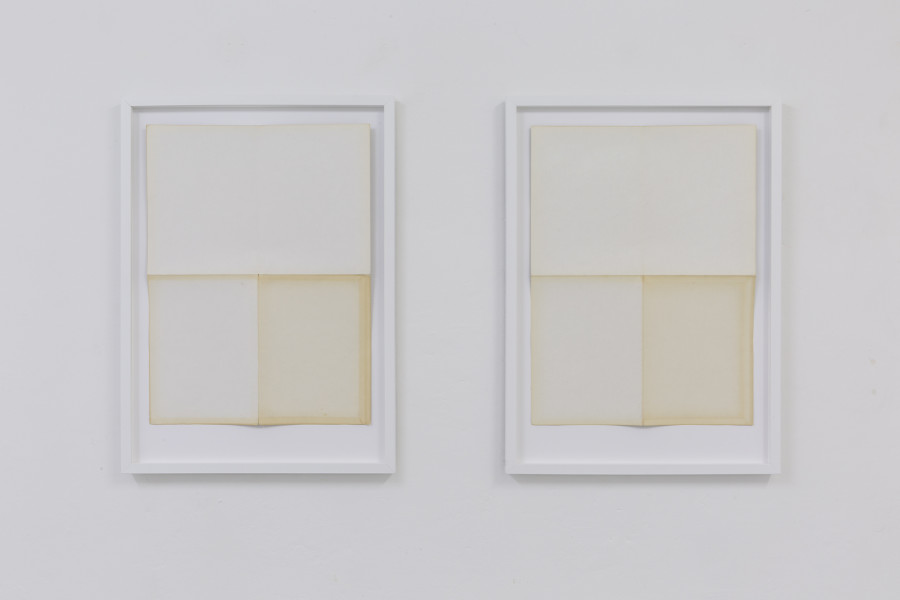 Théa Giglio, Untitled (A Thousand Words) I, Untitled (A Thousand Words) II; 2023, unfolded paper, white wooden frame, UV glass.
