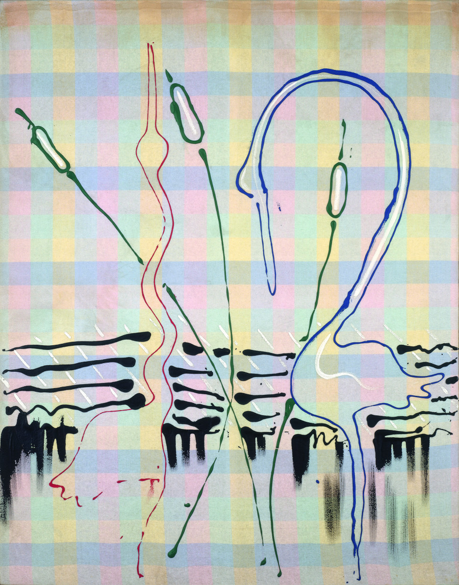 Sigmar Polke, Reiherbild II, 1968. Dispersion paint on patterned flannel, 190 × 150 cm. Daros Collection, Switzerland © The Estate of Sigmar Polke, Cologne / 2021, ProLitteris, Zurich