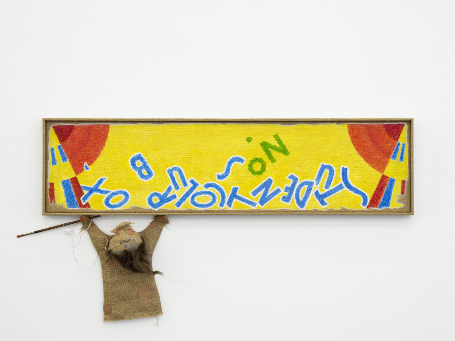 Min Yoon, Break + ing Time (left), 2024, Watermixable oil on burlap, thread, polyester, wool felt, wire, hotpatch, magnets, brush, artist’s frame, 55.5 x 105 x 3 cm. Photo: Cedric Mussano