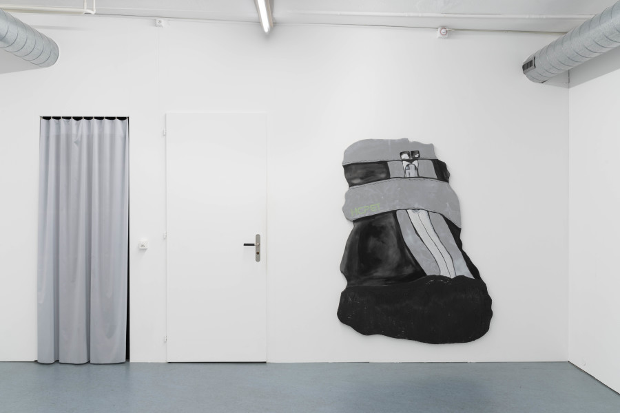 Salomé Engel, Heroic Conspiracies Promised Epic Tales (HCPET), 2025, Acrylic, bitumen, reflective road marking paint, glitter on canvas, 174 × 131cm. Photo credits: marytwo