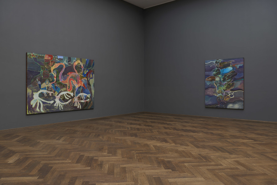 Installation view, Michael Armitage, You, Who Are Still Alive, Kunsthalle Basel, 2022, view (f. l. t. r.) on, Three Boys at Dawn, 2022, and, Holding Cell, 2021. Photo: Philipp Hänger / Kunsthalle Basel. All works, unless otherwise mentioned, courtesy of the artist and White Cube. Cave, 2021, Courtesy of the artist and Pinault Collection