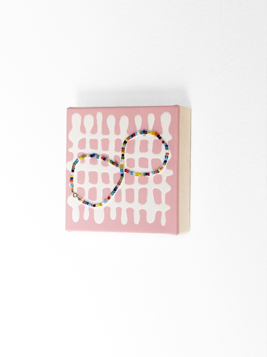 Sarah Benslimane, BFF 4ever, 2022, necklace, acrylic on canvas, 15 x 15 cm. Credit image: James Bantone