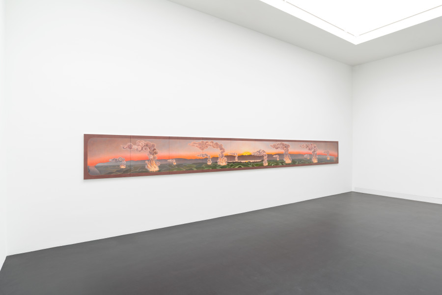 Caroline Bachmann, 58 av. J.-C., 2020. Oil on canvas (10 elements), 80 x 800 x 2.2 cm. Installation view, Galerie Gregor Staiger, Zurich