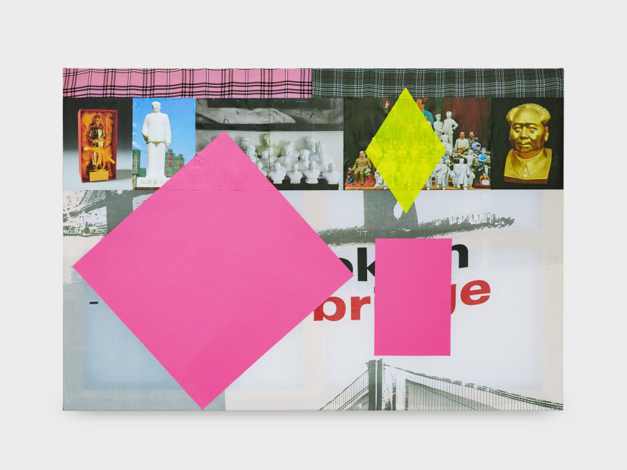 Angélique Heidler, Useful idiots, 2026. Acrylic and collage on sewn textile. 89 × 130 cm. Photo credit: Philipp Rupp
