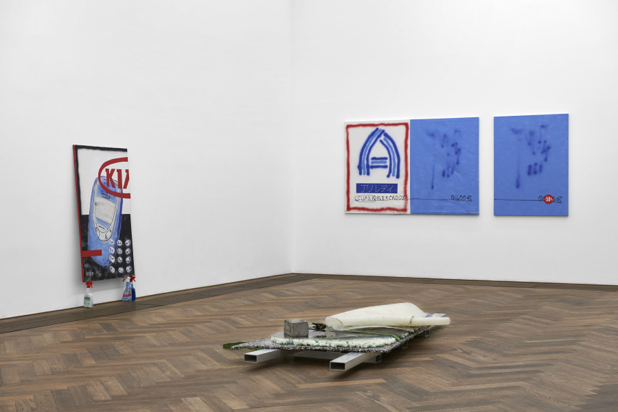 Installation view, Regionale 22, ... von möglichen Welten, Kunsthalle Basel, 2021, view on Remy Erismann, Breakdancer, 2021 (front); Basil Ikum, No Kia, 2020 (back, left), and SUPER MERCADOS, 2020 (back, right). Photo: Philipp Hänger / Kunsthalle Basel