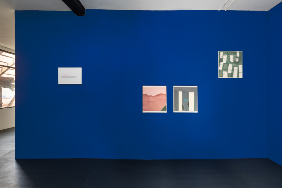 Left: Rhea Myers, Tokens Equals Text 4, 2022, silkscreen on paper, edition of 32, 29.7 x 42 cm. Right: Valentin Hauri, Sitting Under a Willow Tree, At Cave Opening (Sandcastles), Pillars of Wood, 2022, oil on canvas, 50 x 45 cm. Photo: Kilian Bannwart