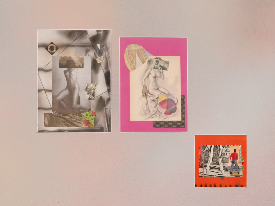 Hippolyte Hentgen, Nuée, 2025, installation de collages sur peinture murale acrylique, vue de l’exposition « Chambre à deux lits » à la Villa du Parc - centre d’art contemporain - Aurélien Mole, 2025