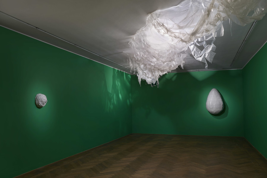 Installation view, Pedro Wirz, Environmental Hangover, Kunsthalle Basel, 2022, view on Untitled (Nest), 2022 (left), Bela Peça, 2022 (right), Corpo Seco, 2022 (ceiling). Photo: Philipp Hänger / Kunsthalle Basel