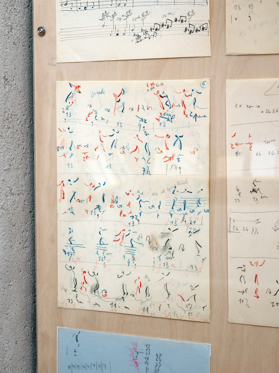 Exhibition view “Suzanne Perrottet. After Dada, After Dance,” Cabaret Voltaire 2025; detailed view of the pre- sentation with originals from the Perrottet family estate (Suzanne Perrottet, dance notation “Familienbesuch,” page 6, undated). Photo: Cedric Mussano. Courtesy: Suzanne Perrottet, Walter Schwabe / Fotostiftung Schweiz, Luise Schwabe / ProLitteris, Niklaus Stauss, Johann Adam Meisenbach, Tarren Johnson & Joel Cocks, Elaine Mitchener, New Kyd, Thibault Lac.