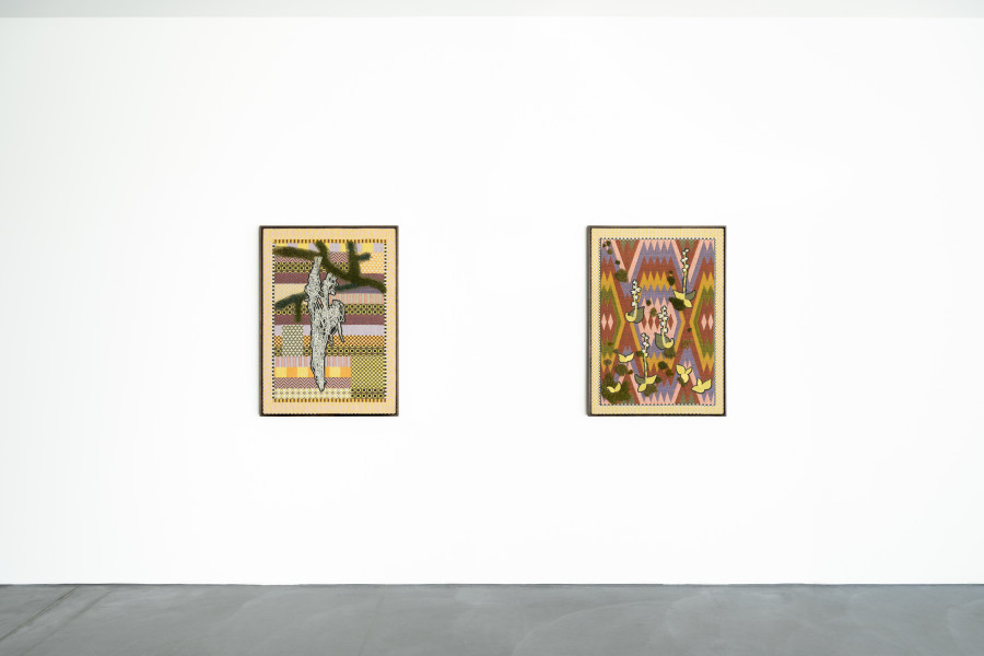 Emilia Bergmark, exhibition view, Going, Going, Gone., view on NT (Garnlav) and VU (Knärot), both 2025, von Bartha, Basel, 2026. Photo: Finn Curry / von Bartha. Courtesy of the artist and von Bartha.