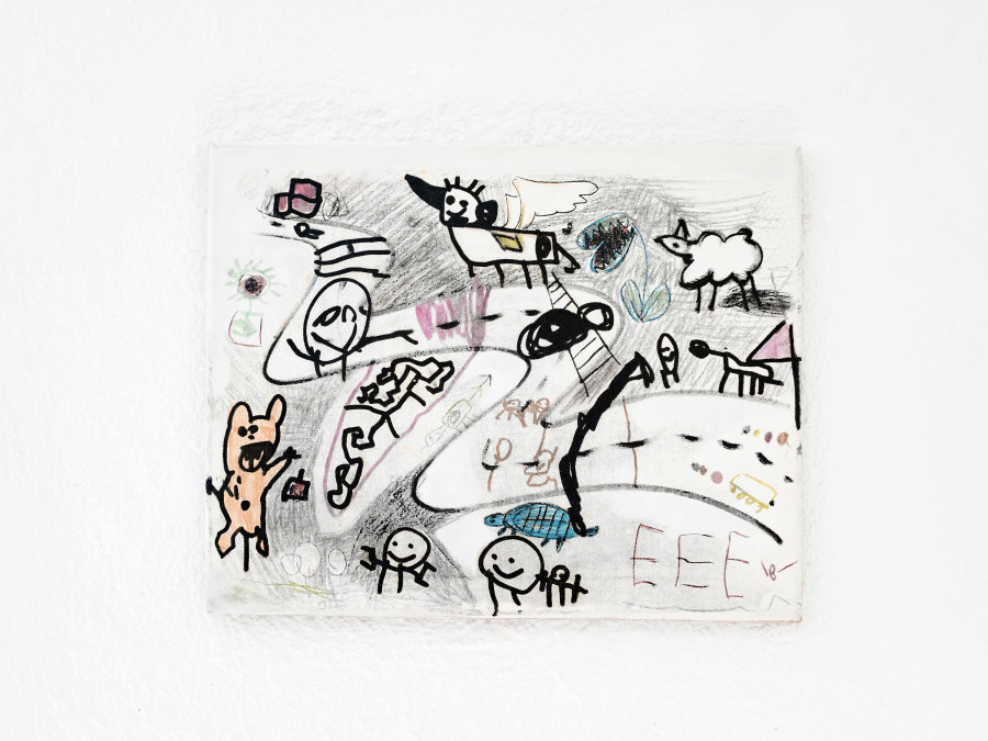Sofia Defino Leiby, Untitled (Game, Lucy, Hal, Cecilia), 2019/2020, Screenprinting ink, oil, marker, and watercolor on linen. Courtesy Sweetwater, Berlin