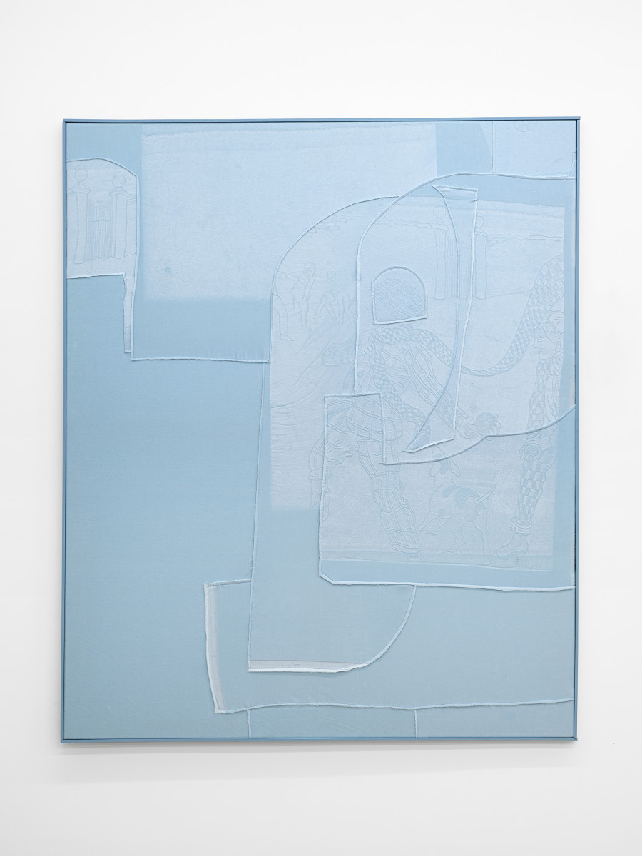 Cédric Eisenring, Fäustling (blau), Woodcut embossing on textile, wooden stretcher, wooden frame, 145 × 120 cm, 2024 / Photo: Cedric Mussano / Courtesy: The artist and Kirchgasse Gallery, Steckborn