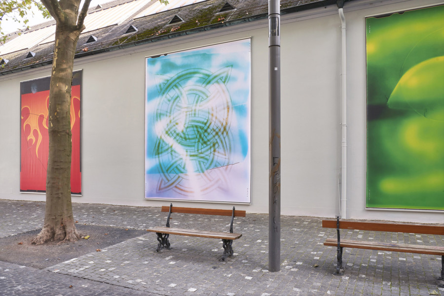 Ketuta Alexi-Meskhishvili, Verkleidung, Kunsthalle Basel back wall, 2022. Exhibition view from left to right: who lived well (flames), 2016; Georgian Ornament, 2020; Sss, 2016. Photo: Philipp Hänger / Kunsthalle Basel. All works courtesy the artist; galerie frank elbaz, Paris; and LC Queisser, Tbilisi