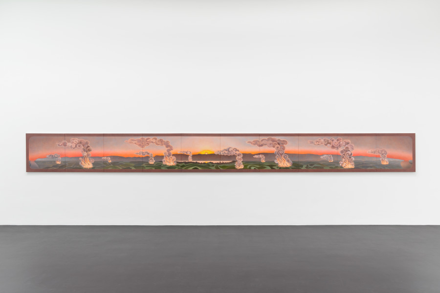 Caroline Bachmann, 58 av. J.-C., 2020. Oil on canvas (10 elements), 80 x 800 x 2.2 cm. Installation view, Galerie Gregor Staiger, Zurich