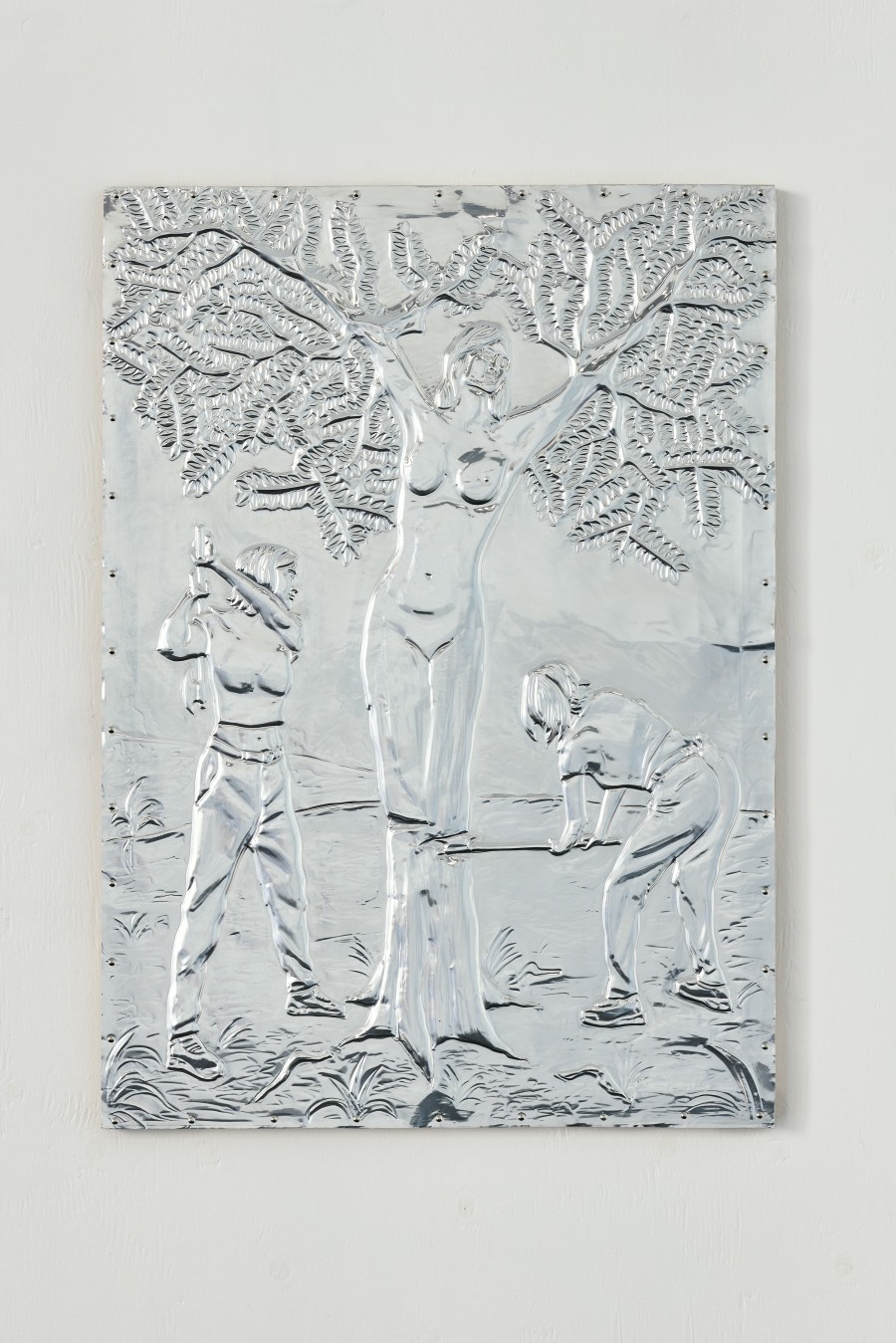 Paula Santomé, The felling of Daphne, 2023. Handmade aluminium embossing, apple tree wood. 57 x 80 cm. Unique. Photographer: Moritz Schermach. Courtesy of the artist and VITRINE London/Basel.