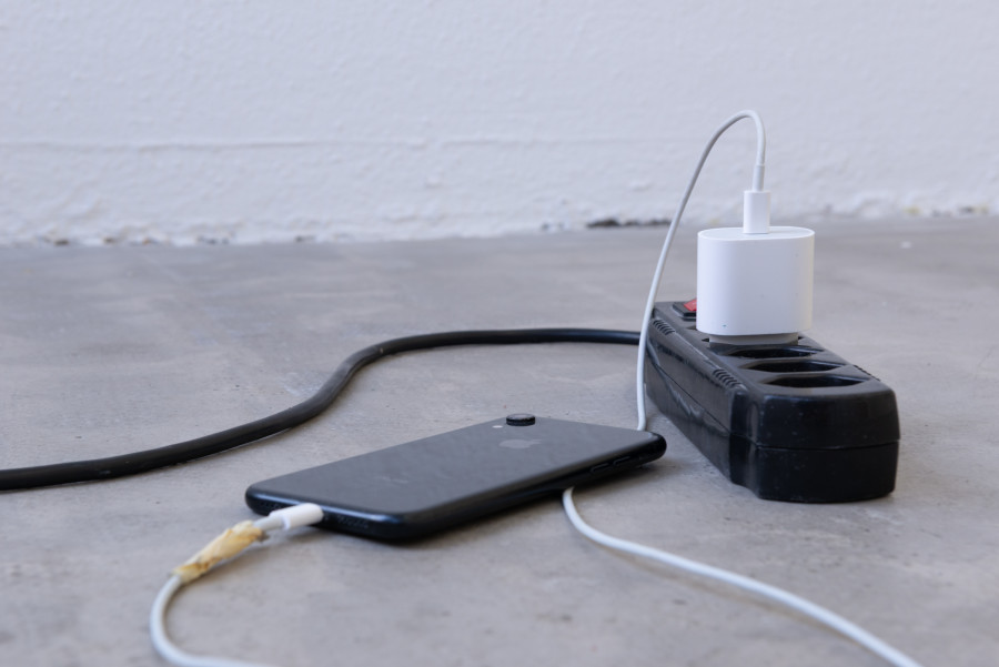 Exhibition view, Moniker, HAMLET, Zürich, 2025. From left to right: Sam Cottington, Phone Play, 2024, Performance during the closing, 18th May 2025, 2-6pm