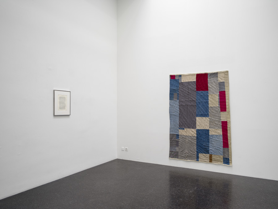 James Benning, After Missouri Pettway, Stained glass, lead came, zinc, tin, lead; denim, corduroy, burlap; ink on paper in artist's frame, 2013. Photo: Cedric Mussano