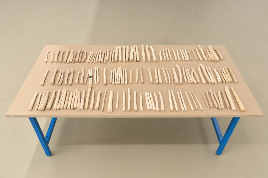 Andrea Büttner "Spargel", Basel, Kunstmuseum Basel | Gegenwart, The core of the relationships, media image, 04.2023, 2021, material / technique: 143 asparagus carved from wood on table, dimensions: object: 73 x 200 x 110 cm, © at the artist / the artist & ProLitteris, Zurich, Courtesy Galerie Tschudi and the artist, Photo: Max Ehrengruber.