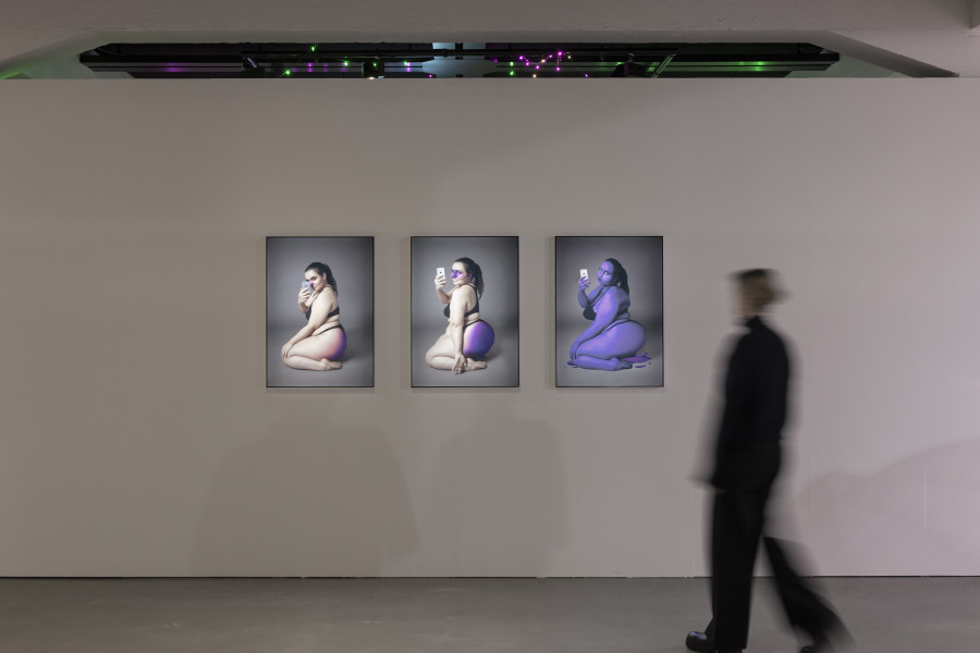 Giulia Essyad, blueberry.inflation.v1.2, 2021, Exhibition view «UBERMORGEN, Johanna Müller, Giulia Essyad. Swiss Media Art – Pax Art Awards 2023», 2024, HEK, photo: Franz Wamhof