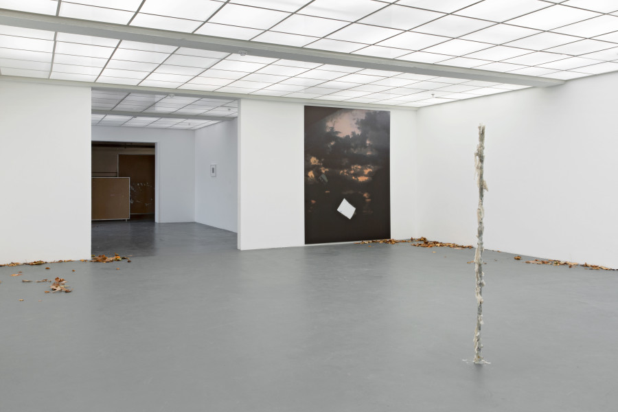 Nina Rieben, Romance might be a competence, 2020, Diverse Materialien, Dimension variabel; Sentimental Title, loading, 2020, Flachbettdruck auf Aluminium, je 260 x 195 cm, Your poetry’s bad and you blame the news, 2020, Kerzenreste, Diverse Materialien, 160 x 5 cm. Ausstellungsansicht / Installation view Kunsthaus Baselland 2020. Foto / Photo: Gina Folly