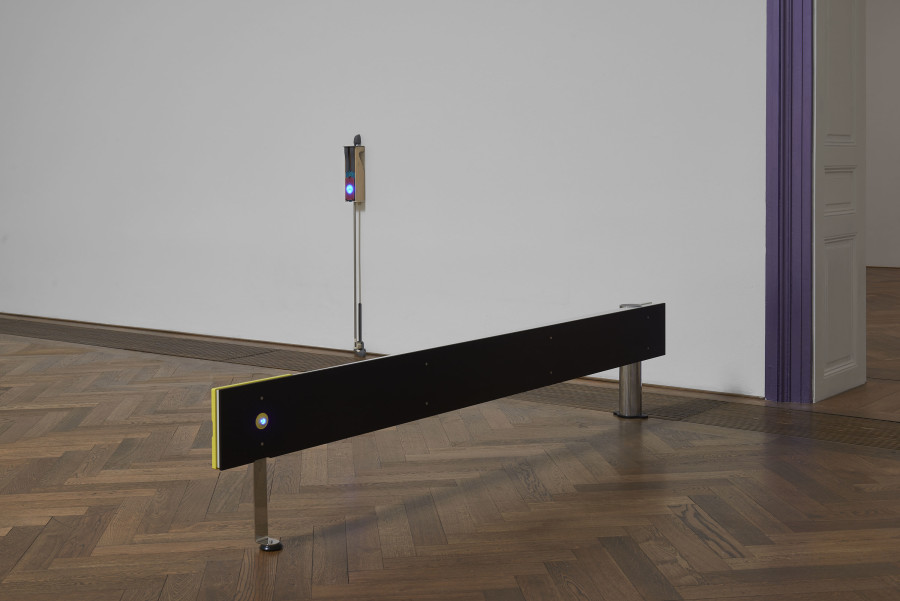 Camille Blatrix, installation view, Standby Mice Station, Kunsthalle Basel, 2020, view on Standby Mice Station (Winter), 2020 (front) und Mouse, 2020 (back). Photo: Philipp Hänger / Kunsthalle Basel. Courtesy of the artist; Galerie Balice Hertling, Paris, and Andrew Kreps Gallery, New York