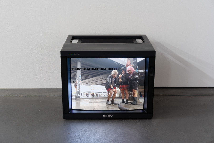 Karl Holmqvist & TV (Calla Henkel, Max Pitegoff) & #PLZKILLMECUZ... Part 1, Background Projection, 2019, "German Theater 2010-2020", Fri Art, 2020. Photo Gunnar Meier. Courtesy of Fri Art Kunsthalle