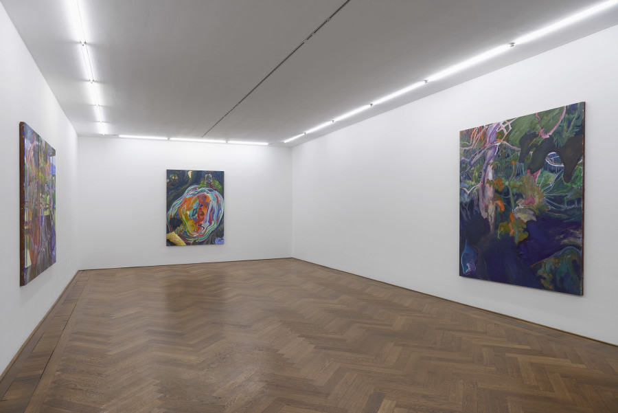 Installation view, Michael Armitage, You, Who Are Still Alive, Kunsthalle Basel, 2022, view (f. l. t. r.) on, Witness, 2022; Cave, 2021; Forest, 2022. Photo: Philipp Hänger / Kunsthalle Basel. All works, unless otherwise mentioned, courtesy of the artist and White Cube. Cave, 2021, Courtesy of the artist and Pinault Collection