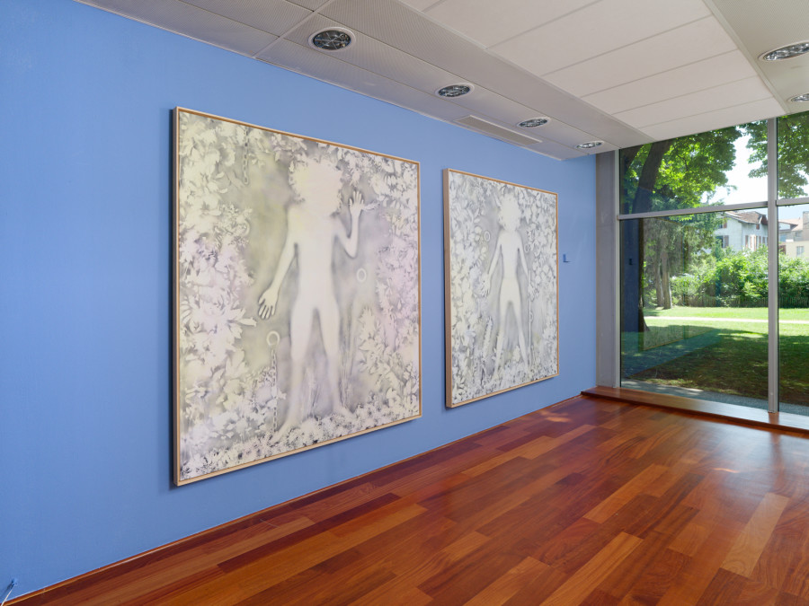 Hippolyte Hentgen, Résistantes, 2021, acrylique et encre sur toile, 195 x 185 cm, vue de l’exposition « Chambre à deux lits » à la Villa du Parc - centre d’art contemporain - Aurélien Mole, 2025